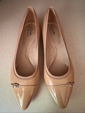 Clarks Beige Patent Pointed-Toe Flats